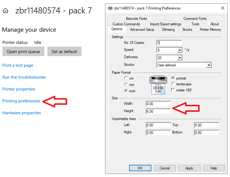 How do I change the label size settings for my Zebra printer